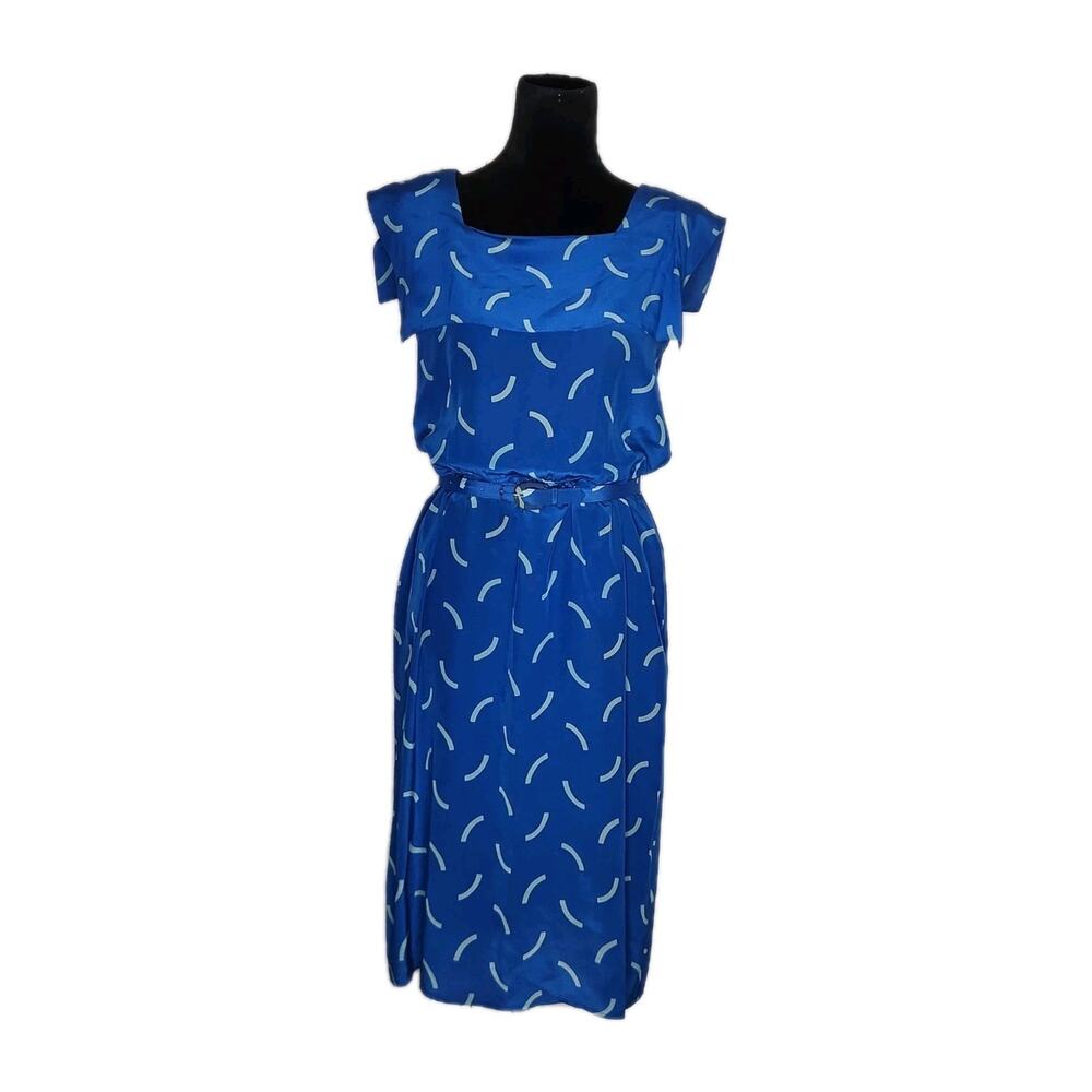Vtg 80s Maggy London by Jeannene Bohmer 100% Silk Blue Abstract Belted Midi sz 6